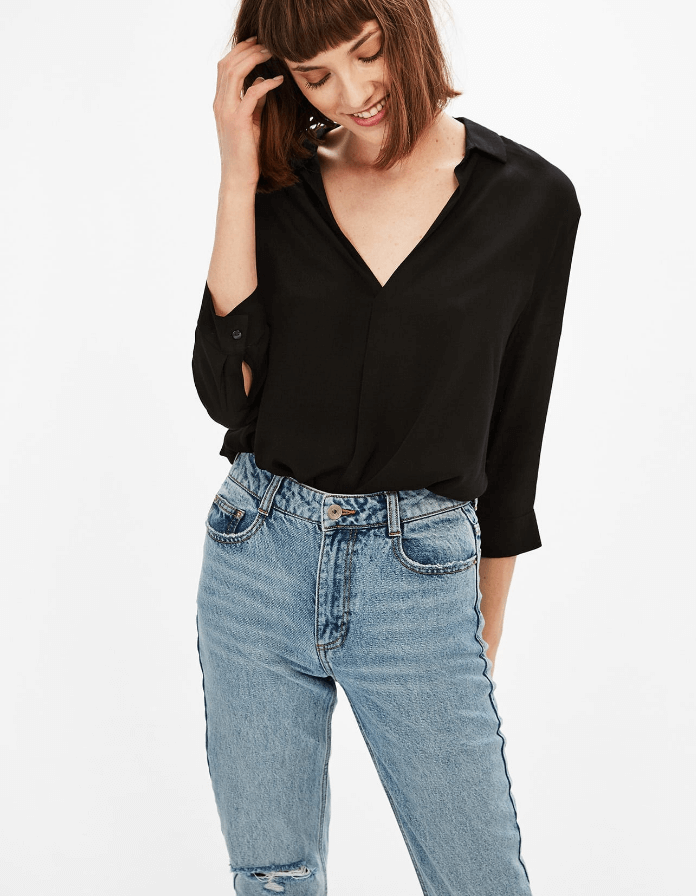 Black Crew V neck Tops